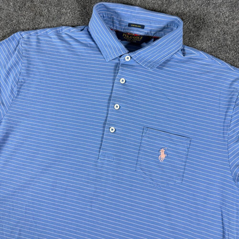 Polo Golf Ralph Lauren Polo Shirt Mens L Blue Stripe Stretch Lisle Pocket Pony